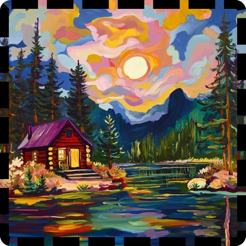 Vibrant sunset cabin by the lake
