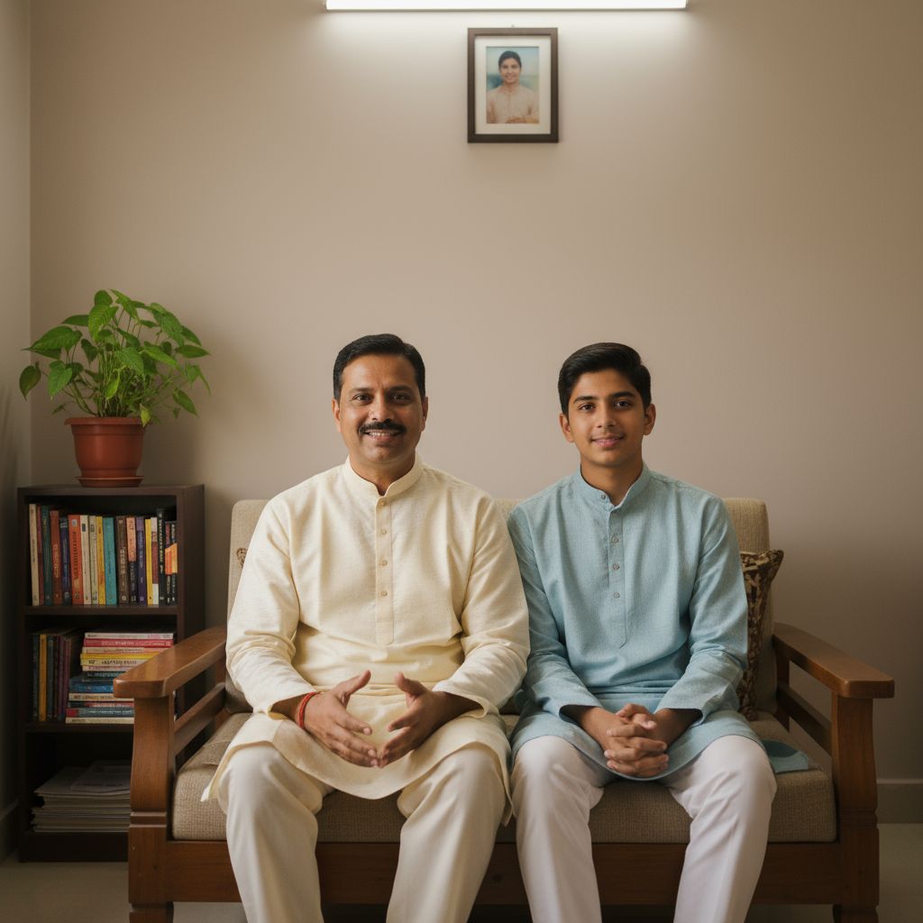 Indian father and adult son in traditional kurta sitting together