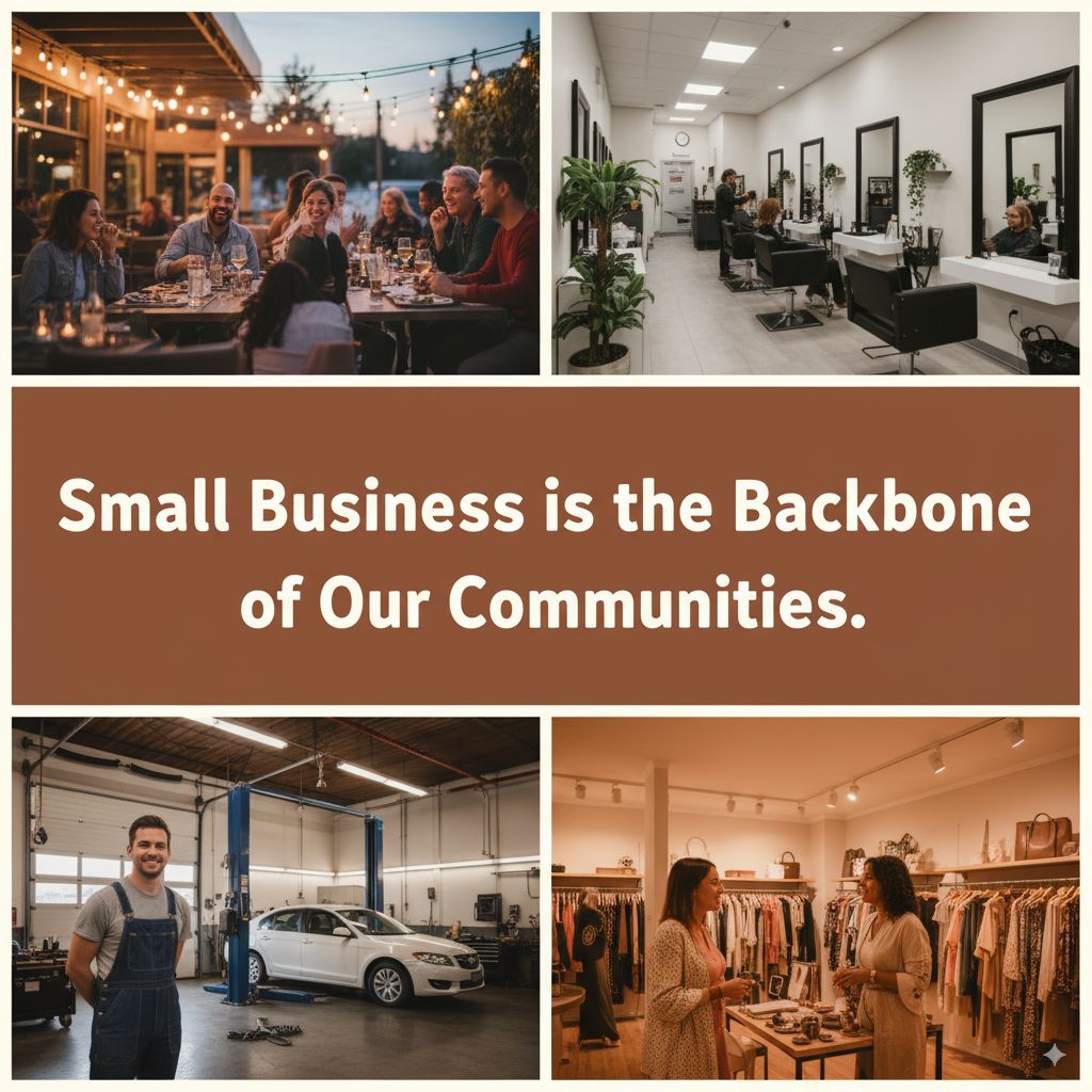 Small business is the backbone of our communities - diverse local businesses including restaurant, hair salon, auto repair shop, and boutique representing the foundation of economic growth empowered by AI technology