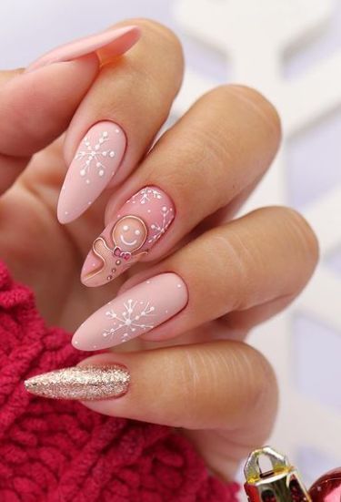 Elegant pink snowflake almond Christmas nails