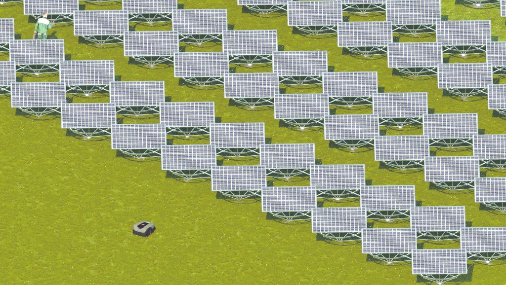 Vista aerea di impianto con tracker biassiali e spaziatura ottimizzata