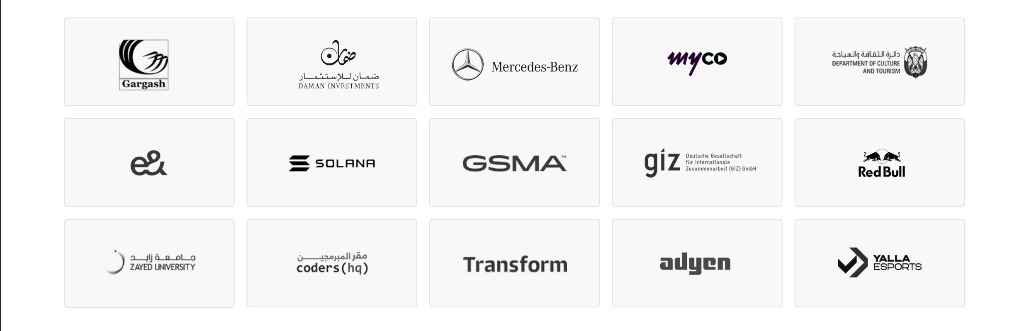 Our Clients and Partners - Gargash, Daman Investments, Mercedes-Benz, Myco, Department of Culture and Tourism, eQ8, Solana, GSMA, GIZ, Red Bull, Zayed University, CodesHQ, Transform, Alyen, Yalla Projects