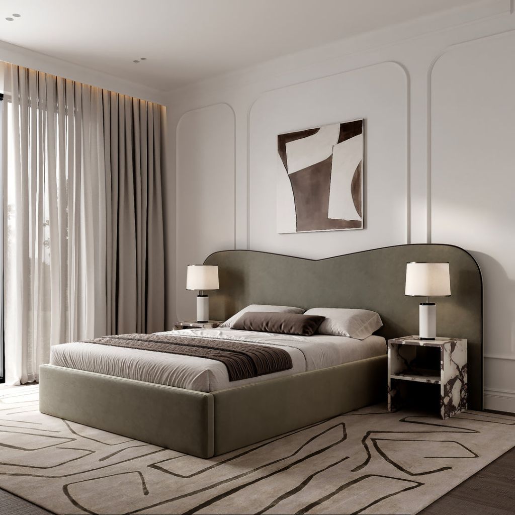 Olive headboard suite with marble nightstands and abstract art