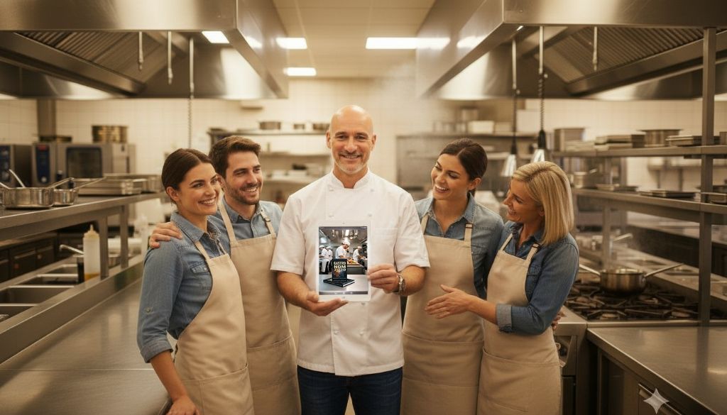 Chef mit Team in professioneller Küche - Gastronom 2030