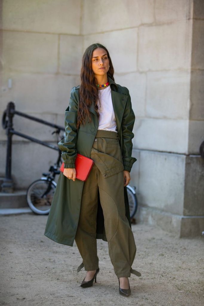 Olive green coat with cargo pants utility street style
