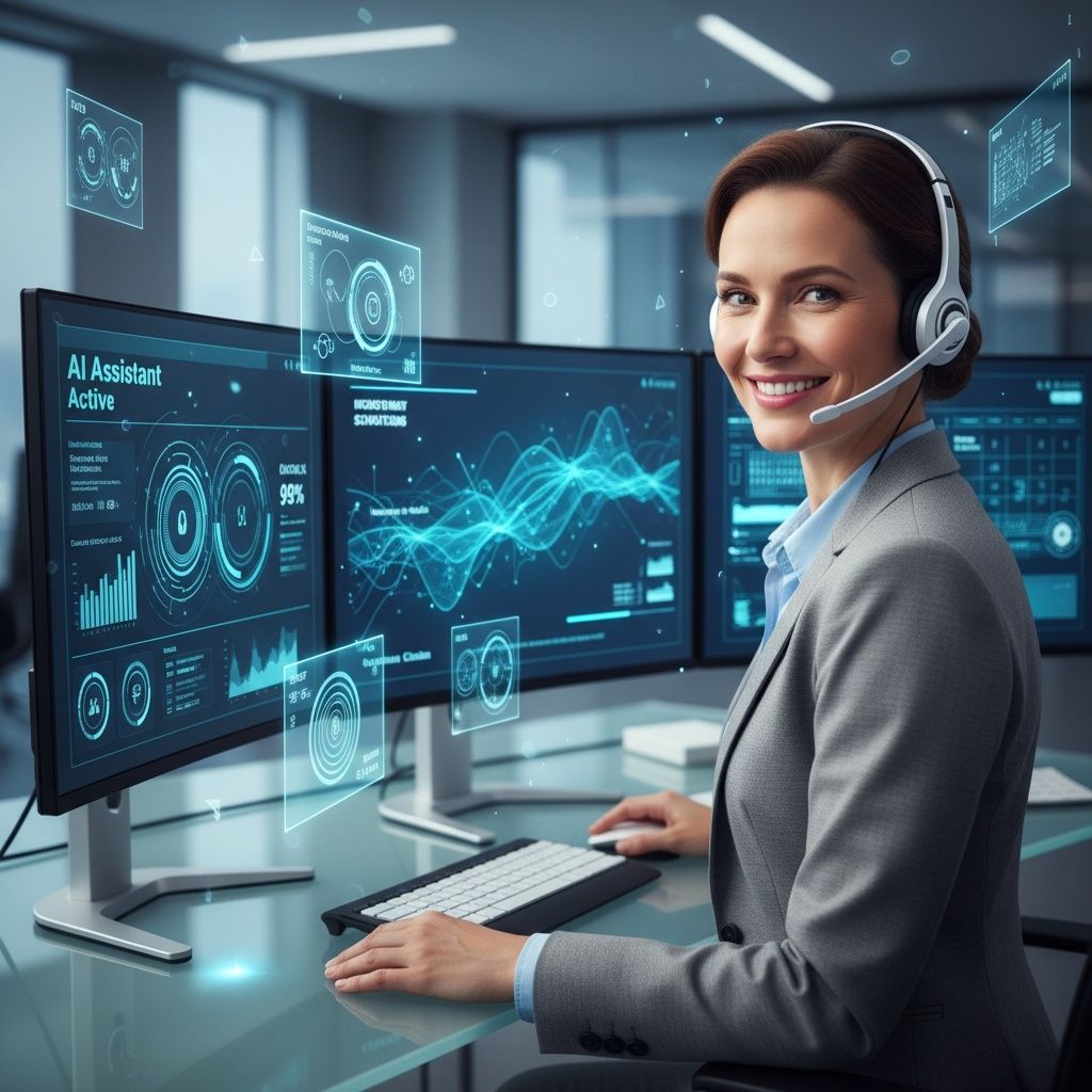 Professional AI assistant with headset in high-tech office environment