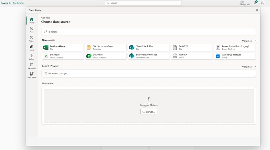 Power BI service Get Data dialog displaying various data source connectors including Excel, SQL Server, SharePoint, and cloud services for semantic model creation
