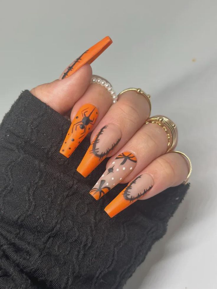 Orange Spider Feather Drama Nails