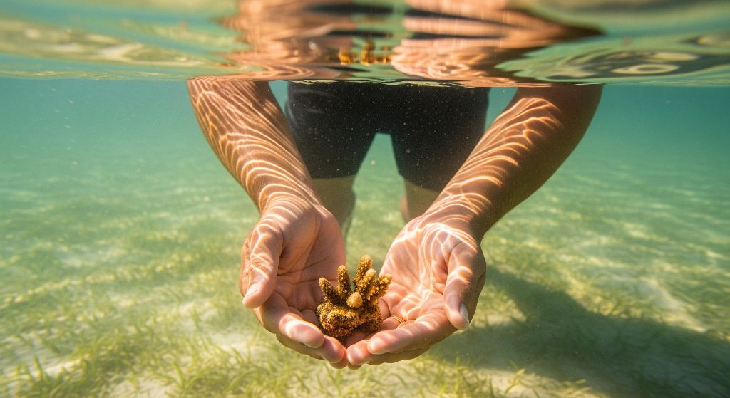 Hands holding coral fragment underwater