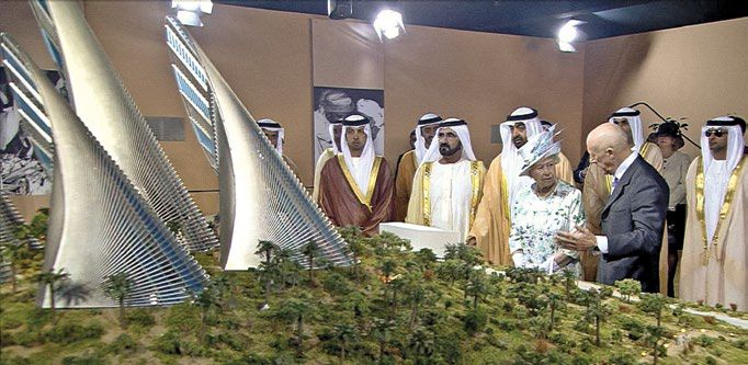 Strategic dialogue: Her Majesty reviewing architectural plans with UAE leadership