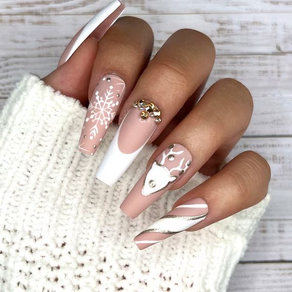 Elegant pink nude white accent Christmas nails