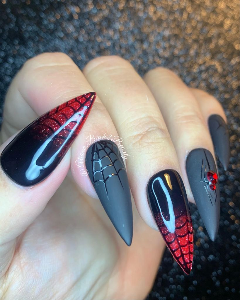 Spider Web Red Glitter Stiletto Nails