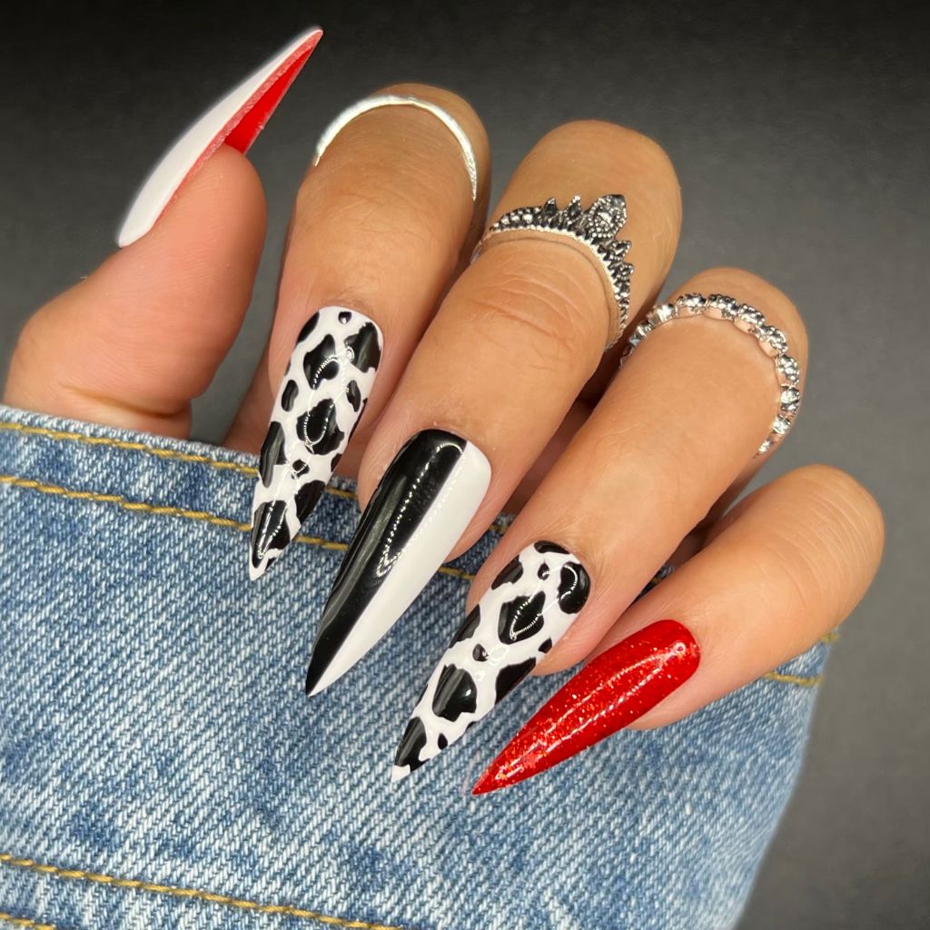 Cruella Dalmatian Halloween Nails