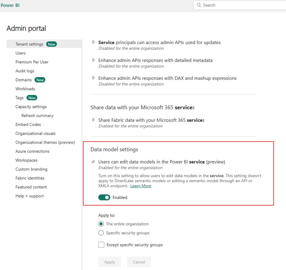 Power BI admin portal showing data model settings with Users can edit data models in the Power BI service option enabled for semantic model editing configuration