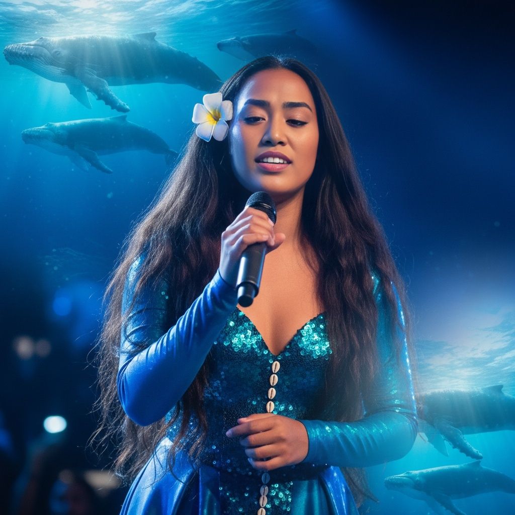 Moana singing with ocean and whales