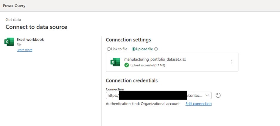 Power BI service connection settings dialog showing Excel workbook upload interface with connection credentials and authentication options for semantic model data import