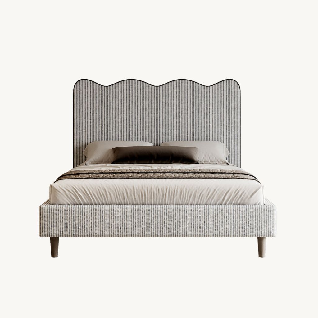 Striped headboard bed styled in cream and charcoal
