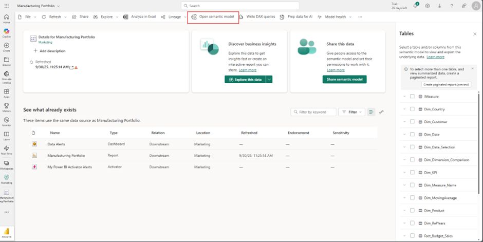Power BI service semantic model details page showing model overview, data sources, tables list, and Open semantic model button for browser-based editing access