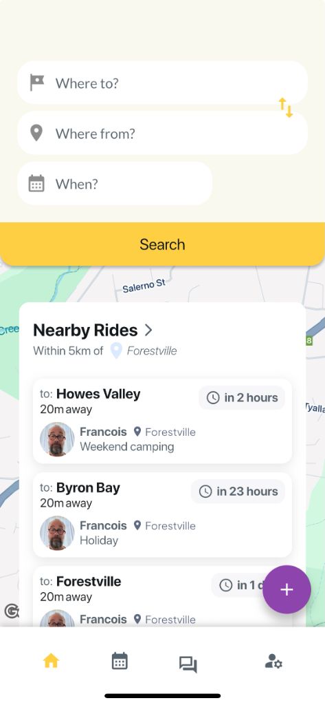 Herdy App Interface - Search for rides