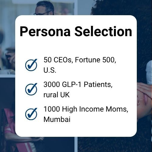Persona Selection - showing demographic targeting options like 50 CEOs Fortune 500 US, 3000 GLP-1 Patients rural UK, 1000 High Income Moms Mumbai