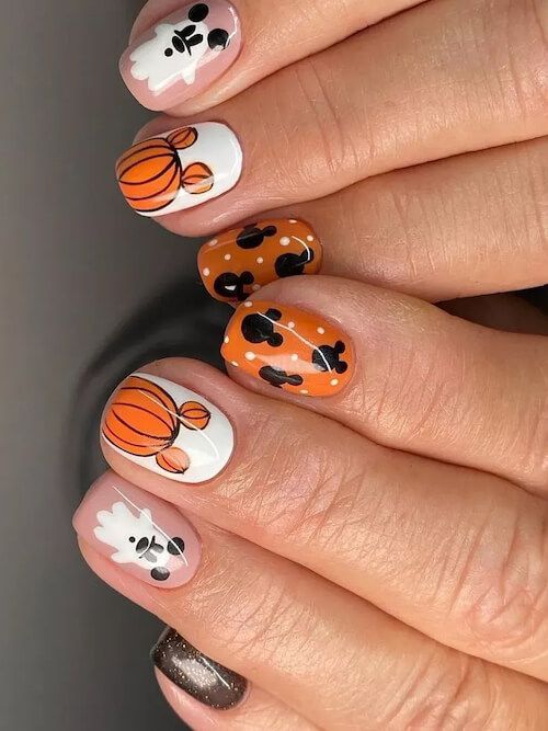 Festive Mickey Pumpkin Halloween Nails