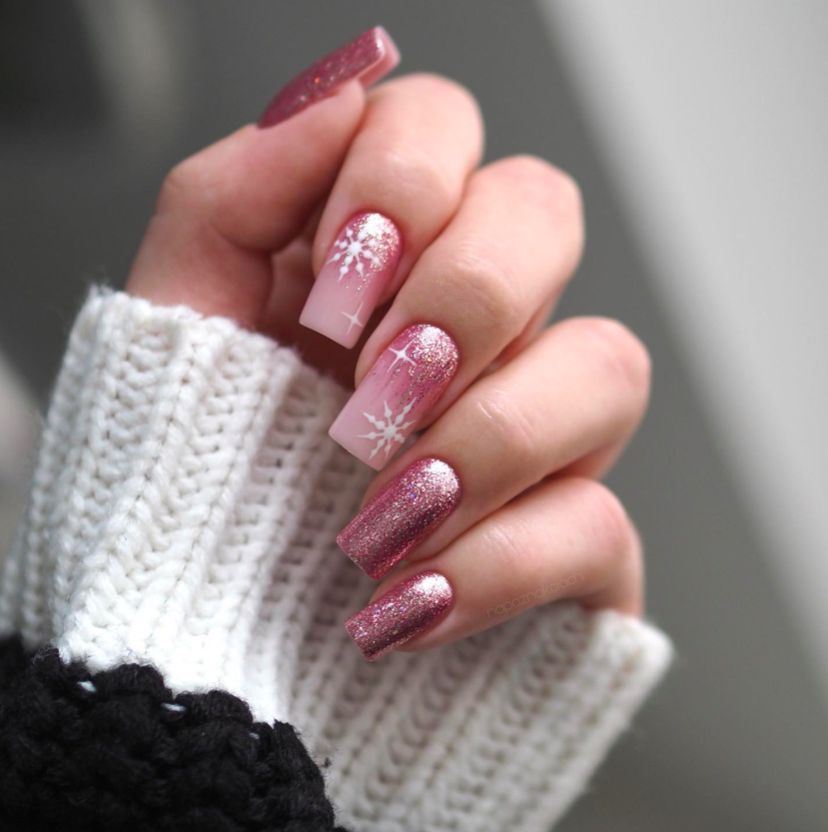 Rose pink glitter gradient Christmas nails