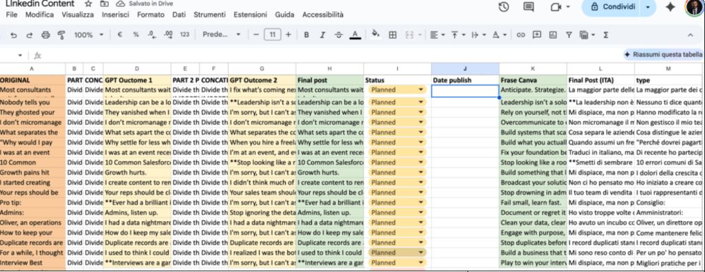 Anteprima Google Sheet con 365 prompt LinkedIn