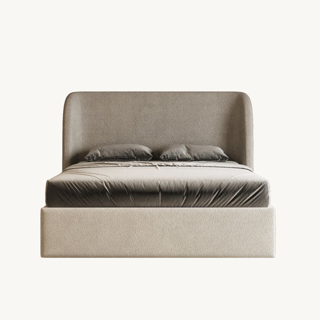 Curved upholstered bed in charcoal with generous cushioning