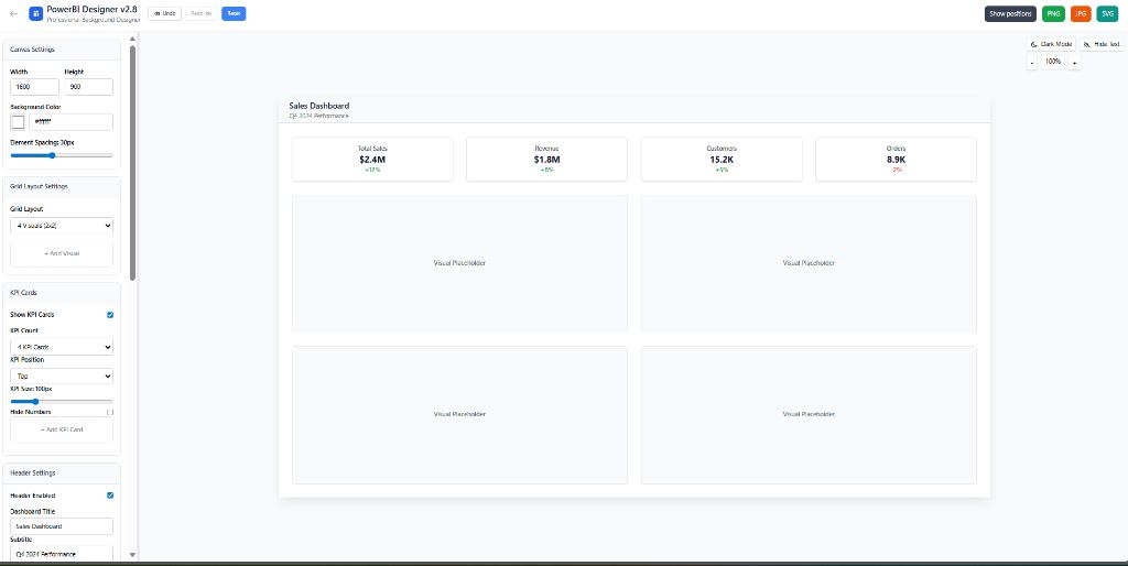 Power BI Background Designer interface showing canvas settings, layout options, and KPI card configuration with a clean dashboard template preview