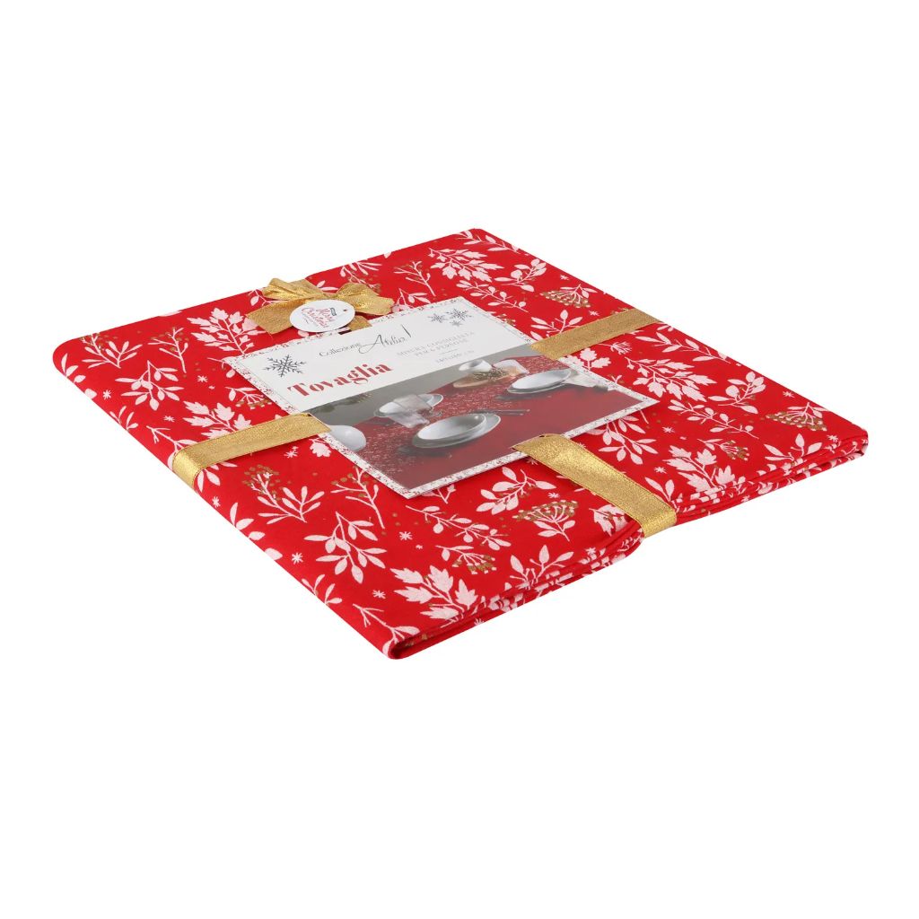 Tovaglia Natale Kasanova in cotone rosso con fantasia leaf bianca - 140x180cm