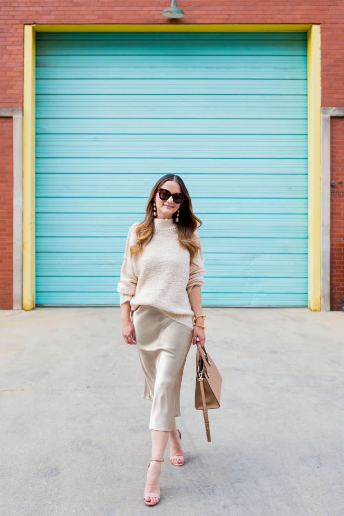 Beige sweater with satin slip skirt elegant outfit