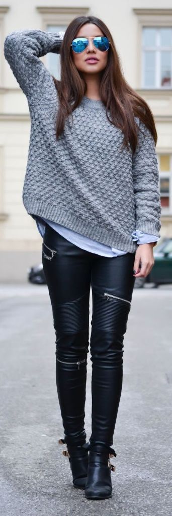Gray Knit Leather Pants