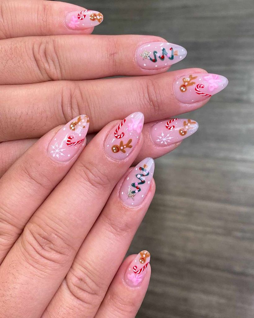 Pink Christmas candy ornaments nails
