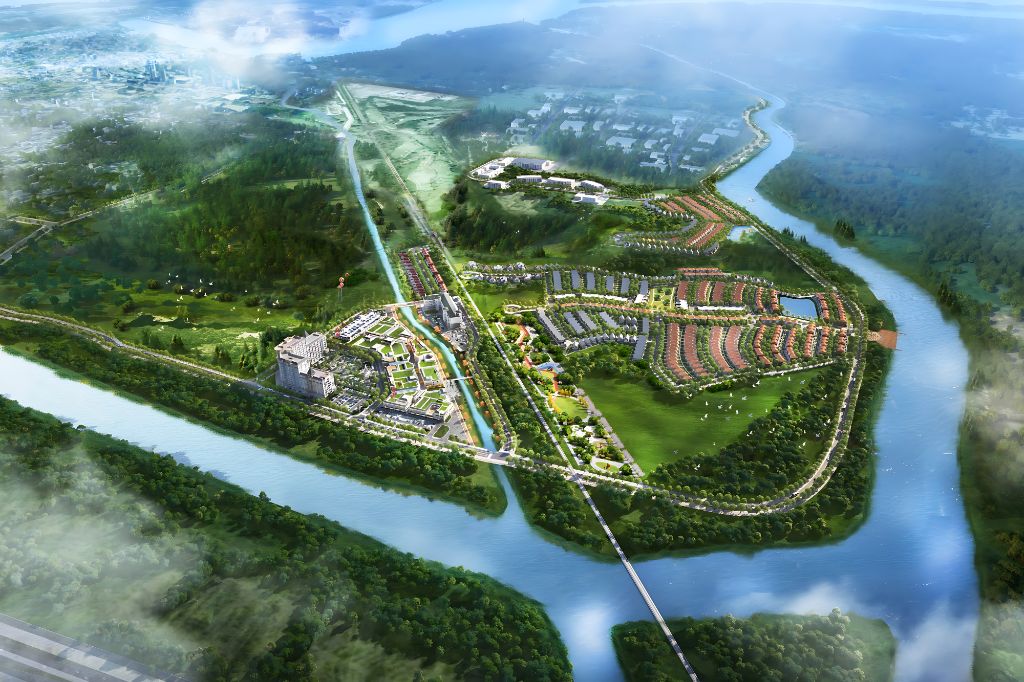 Daytime aerial rendering of the Paradise masterplan peninsula bordered by the Welland River