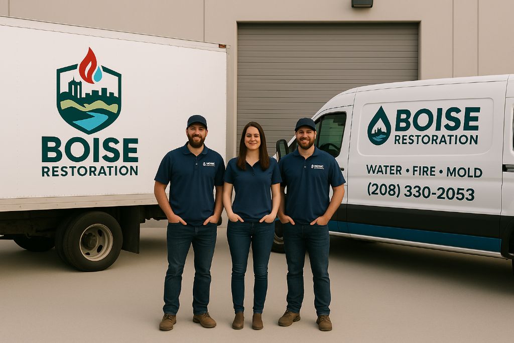 Boise Restoration team members standing in front of company trucks