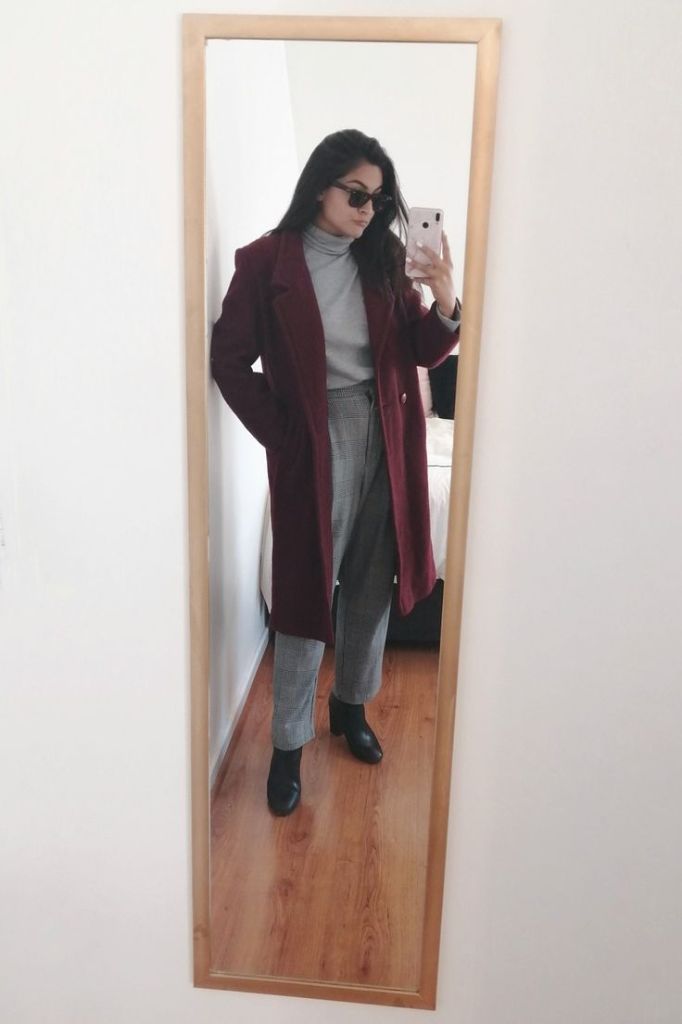 Burgundy Coat Gray Pants
