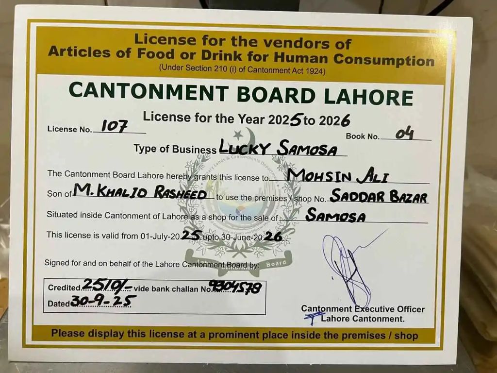 Lucky Samosa Business License - Cantonment Board Lahore