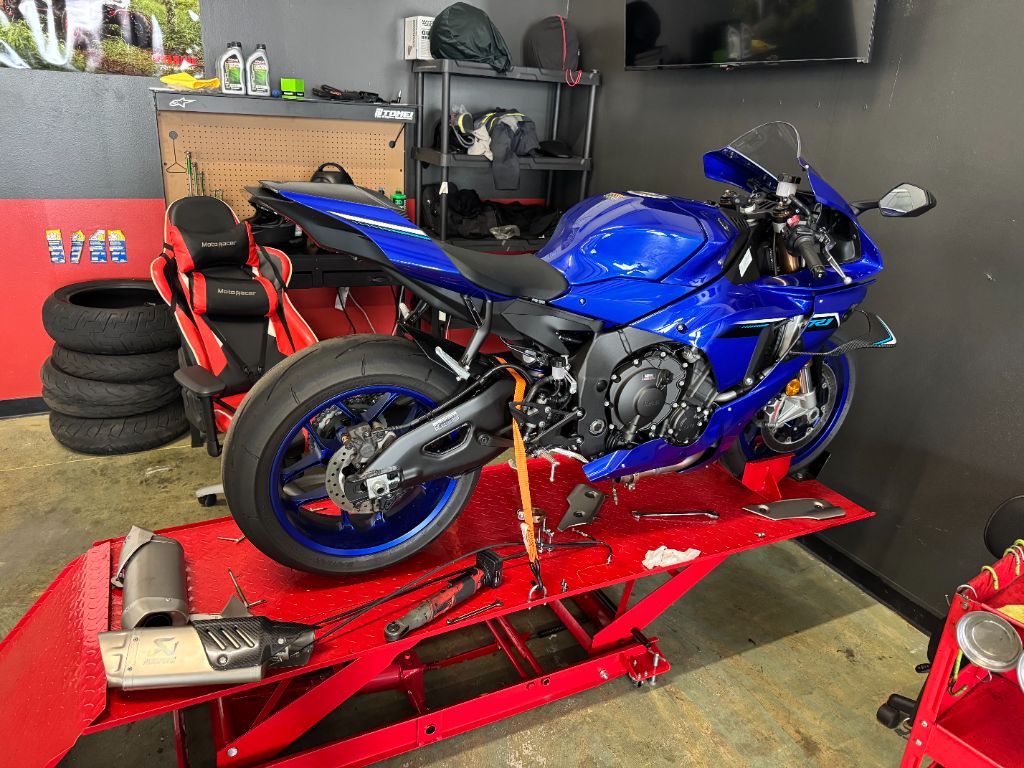 Blue Yamaha Sport Bike on Service Lift