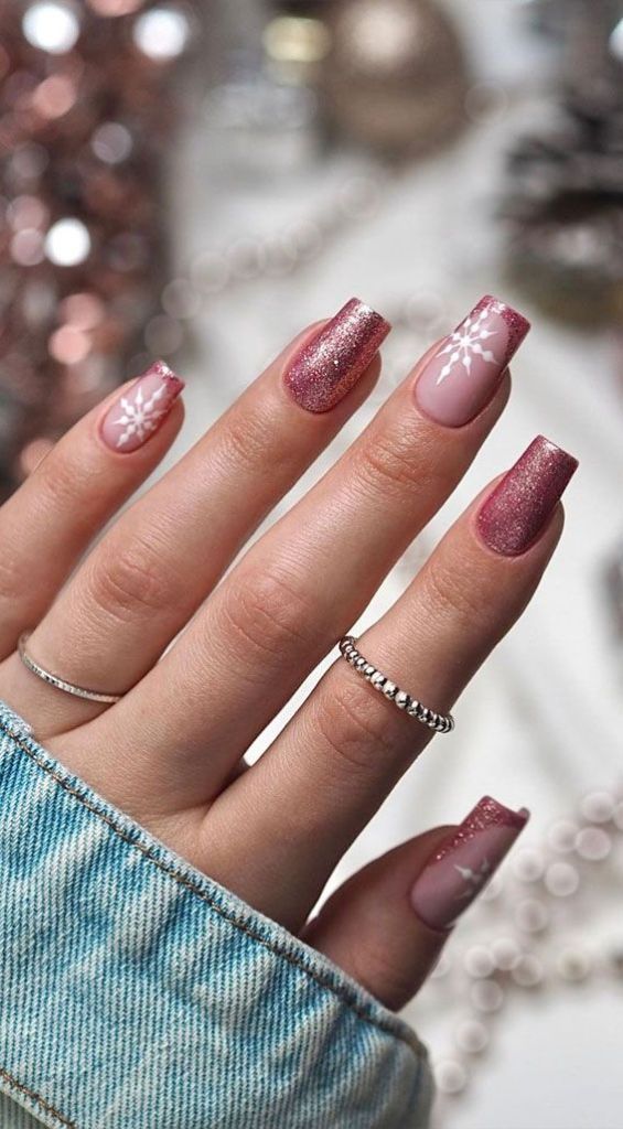 Dusty pink snowflake long coffin Christmas nails