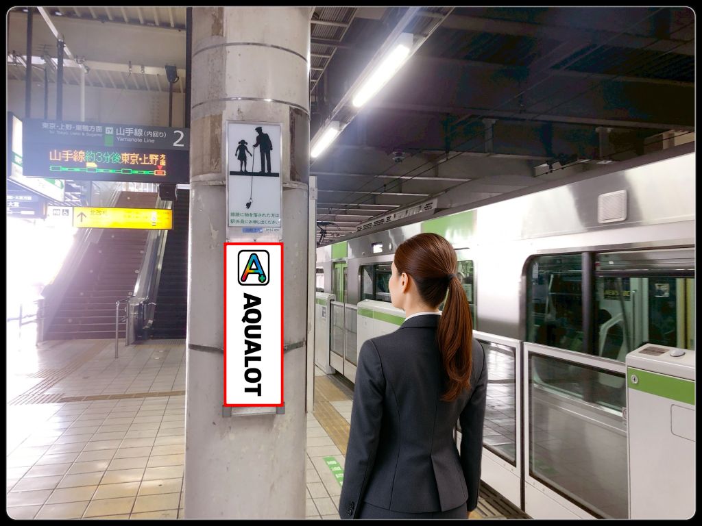 電車待ちホームでのAQUALOT駅広告 - 通勤・通学時間帯での効果的な露出