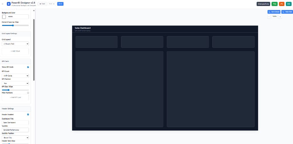 Power BI dashboard with dark professional background showing a sales dashboard layout with KPI cards at the top and chart placeholders below in a structured grid format