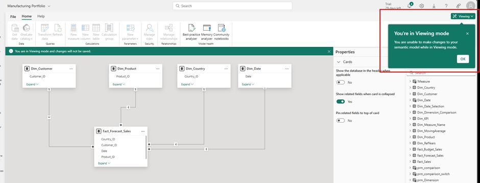 Power BI service model view in Viewing mode showing relationship diagram with tables, connections, and Properties panel for semantic model structure visualization