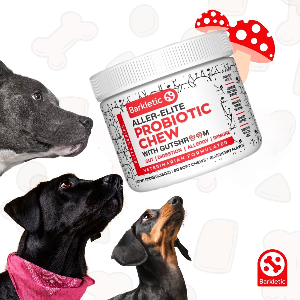 Barkletic product with dogs and mushroom graphics