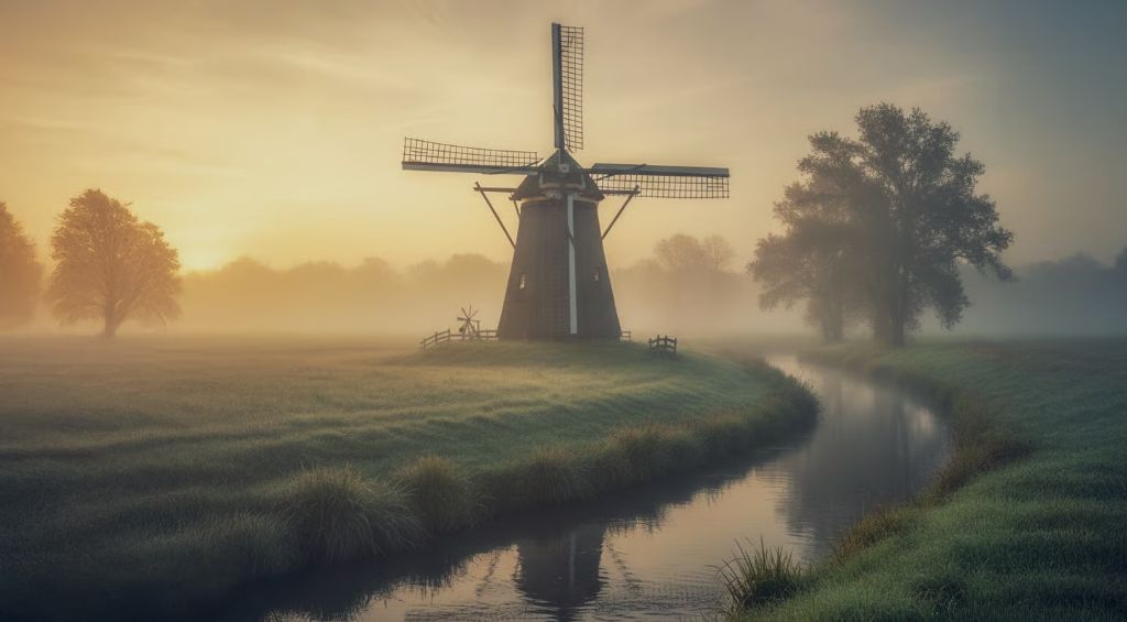 Windmühle im Morgennebel - Tradition trifft Innovation