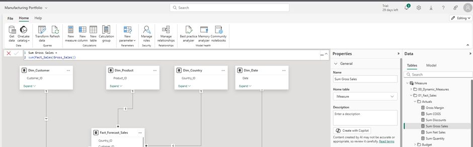 Power BI service DAX measure creation interface showing formula bar, IntelliSense support, Properties panel, and measure management tools for browser-based development